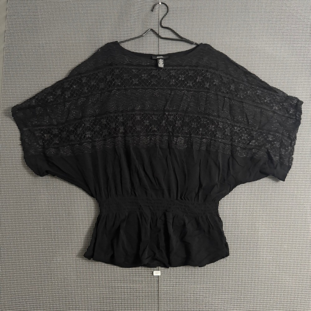 Alfani Womens Black Lace Metallic Smocked Waist Batwing Blouse Medium